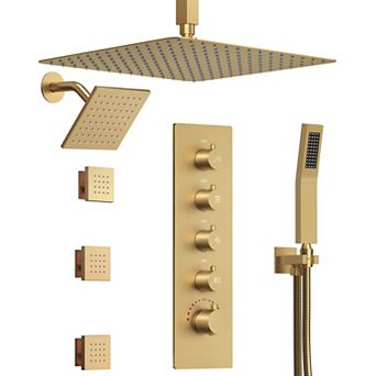 GRANDJOY 16" & 6" Dual Mount 15 Spray Thermostatic Shower System 2.5 GPM Valve Included