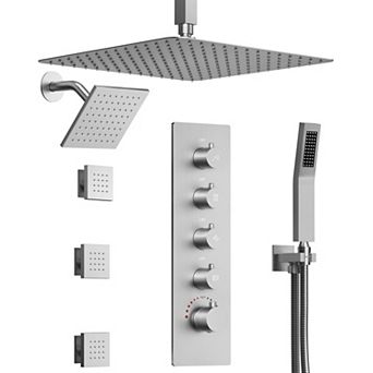 GRANDJOY 16" & 6" Dual Mount 15 Spray Thermostatic Shower System 2.5 GPM Valve Included