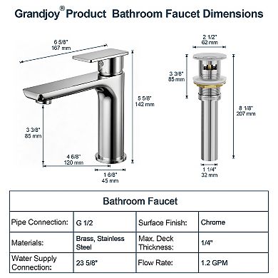 GRANDJOY 5in Single Hole Single Handle Bathroom Faucet,1.2GPM Water Saving Tap with Pop-Up Drain
