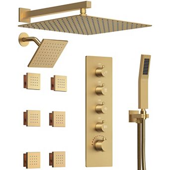 GRANDJOY Thermostatic Shower System with Dual Rainfall Heads, Handheld Shower and 6 Body Jets