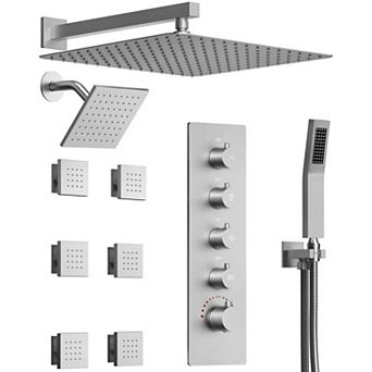 GRANDJOY Thermostatic Shower System with Dual Rainfall Heads, Handheld Shower and 6 Body Jets