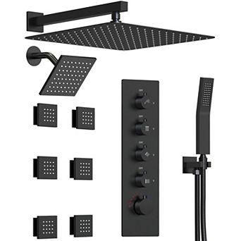 GRANDJOY Thermostatic Shower System with Dual Rainfall Heads, Handheld Shower and 6 Body Jets