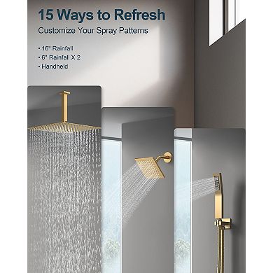 GRANDJOY Thermostatic Shower System with 15 Spray Modes, Dual Body Jets and Handheld Shower