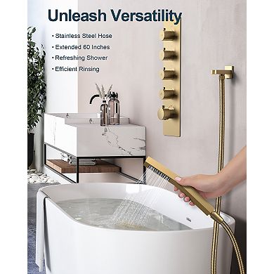 GRANDJOY Thermostatic Shower System with 15 Spray Modes, Dual Body Jets and Handheld Shower