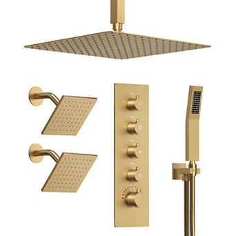 GRANDJOY Thermostatic Shower System with 15 Spray Modes, Dual Body Jets and Handheld Shower