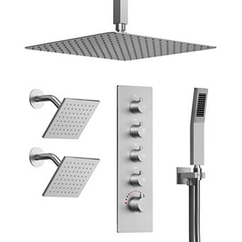GRANDJOY Thermostatic Shower System with 15 Spray Modes, Dual Body Jets and Handheld Shower
