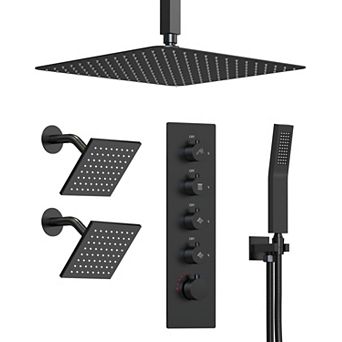 GRANDJOY Thermostatic Shower System with 15 Spray Modes, Dual Body Jets and Handheld Shower