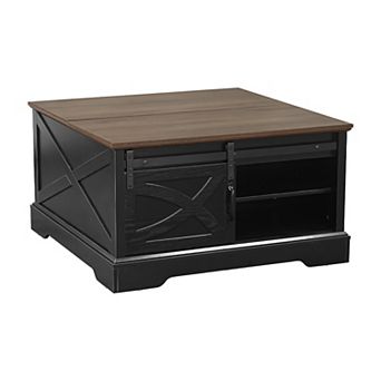 31.5" Farmhouse Wood Square Lift-Top Coffee Table with Sliding Barn Door and Storage