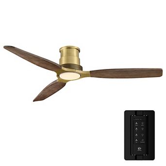 56" Transitional Gold Solid Wood Flush Mount Ceiling Fan with Diammable LED Light and Remote
