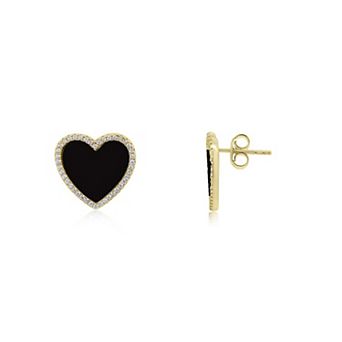 Large Onyx CZ Halo Heart Stud Earrings