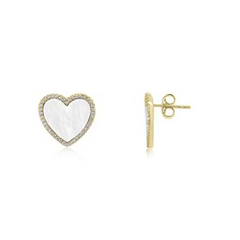 Large Mother of Pearl CZ Halo Heart Stud Earrings