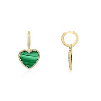 Large Malachite CZ Halo Heart Dangle Earrings