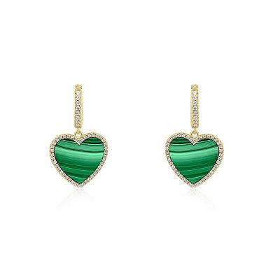 Large Malachite CZ Halo Heart Dangle Earrings