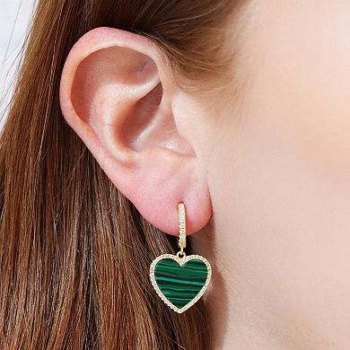 Large Malachite CZ Halo Heart Dangle Earrings