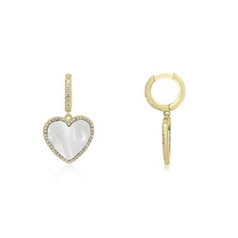 Large Mother of Pearl CZ Halo Heart Dangle Earrings
