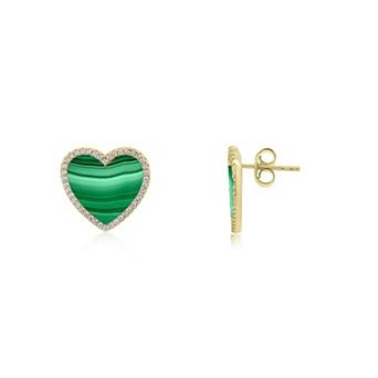 Large Malachite CZ Halo Heart Stud Earrings