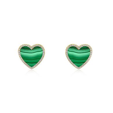 Large Malachite CZ Halo Heart Stud Earrings