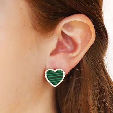 Large Malachite CZ Halo Heart Stud Earrings