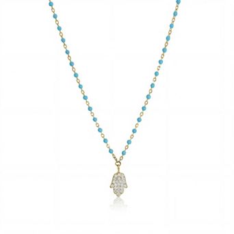 Light Blue Enamel Bead Hamsa Necklace