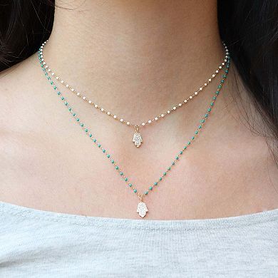 White Enamel Bead Hamsa Necklace