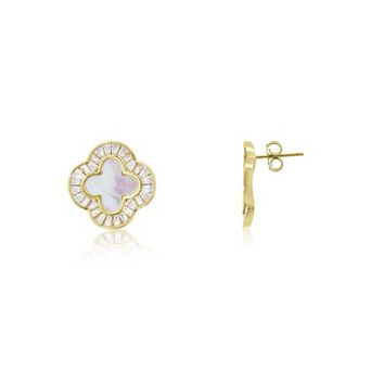 Large Mother of Pearl CZ Clover Stud Earrings