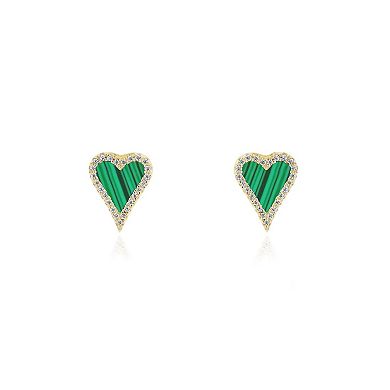 Mini Malachite CZ Halo Heart Stud Earrings