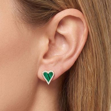 Mini Malachite CZ Halo Heart Stud Earrings