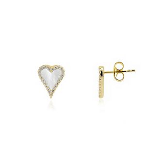 Mini Mother of Pearl CZ Halo Heart Stud Earrings
