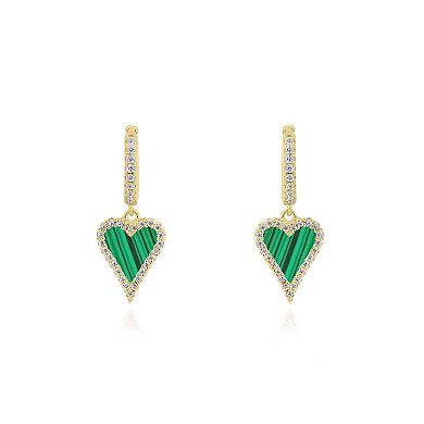 Mini Malachite CZ Halo Heart Dangle Earrings