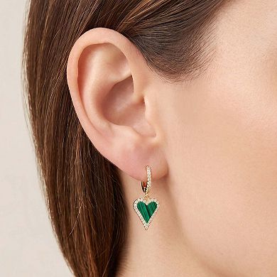 Mini Malachite CZ Halo Heart Dangle Earrings