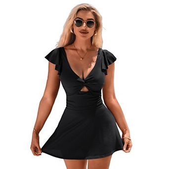 CHARMO Women Ribbed V Neck Twist Cutout Ruffle Sleeve Swim Dress One Piece Swimsuit