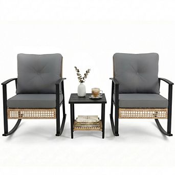 PATIOEASY 3 pc Patio Furniture Set Rocking Bistro Set Outdoor Patio Wicker Furniture
