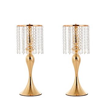 2 pc Elegant Gold Crystal Candle Holder Centerpieces 21.26 in Tall Metal Stands