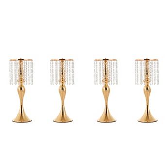 4 pc Elegant Gold Crystal Candle Holder Centerpieces 21.26 in Tall Metal Stands