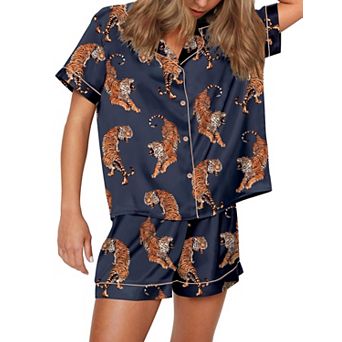 SHESHOW Summer Pajamas for Women Print Short Sleeve Loungewear 2 pc Pjs Set V-tiger Blue