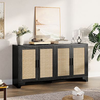 Rattan TV Stand Media Console with Storage Cabinets for Living Room