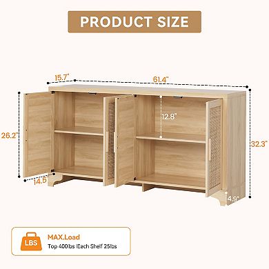 Rattan TV Stand Media Console with Storage Cabinets for Living Room