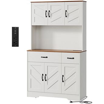 Farmhouse Kitchen Pantry Storage Cabinet, Wood Buffet Hutch with Charging Station and Drawers