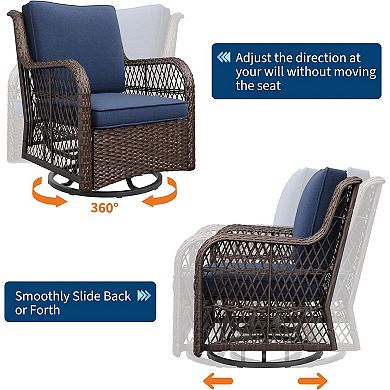 3-Piece Patio Set, Swivel Wicker Glider Chairs, 4" Cushions, Coffee Table