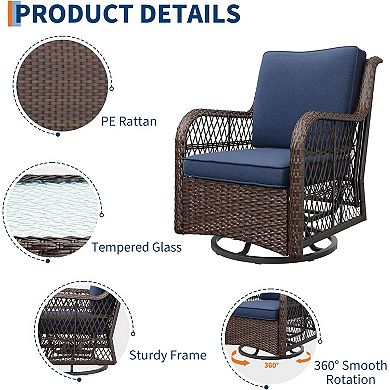 3-Piece Patio Set, Swivel Wicker Glider Chairs, 4" Cushions, Coffee Table
