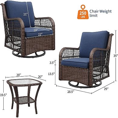 3-Piece Patio Set, Swivel Wicker Glider Chairs, 4" Cushions, Coffee Table