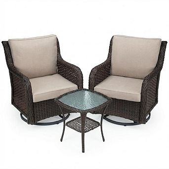 3 pc Patio Set, Swivel Wicker Glider Chairs, 4" Cushions, Coffee Table