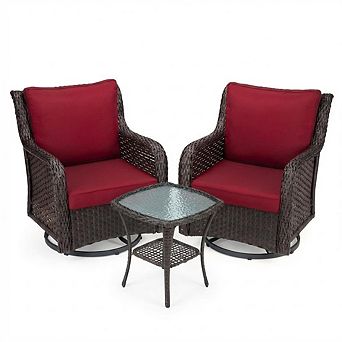 3 pc Patio Set, Swivel Wicker Glider Chairs, 4" Cushions, Coffee Table
