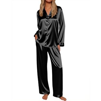 Ekouaer Silk Satin Pajamas Button Down Pajamas Set Long Sleeve Two Piece Wide Leg Sleepwear