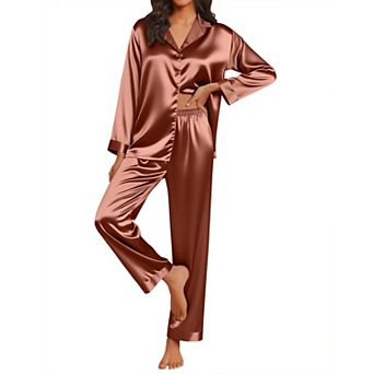 Ekouaer Silk Satin Pajamas Button Down Pajamas Set Long Sleeve Two Piece Wide Leg Sleepwear