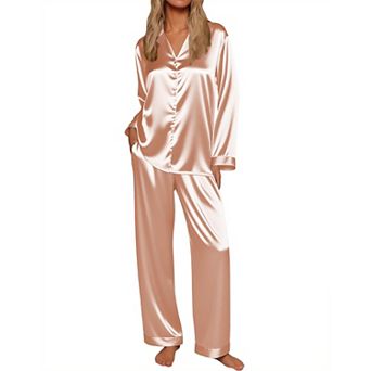 Ekouaer Silk Satin Pajamas Button Down Pajamas Set Long Sleeve Two Piece Wide Leg Sleepwear