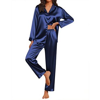 Ekouaer Silk Satin Pajamas Button Down Pajamas Set Long Sleeve Two Piece Wide Leg Sleepwear
