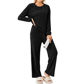 Ekouaer Lounge Sets Ribbed Knit Pajama Sets Two Piece Long Sleeve Pajamas Loungewear Outfits