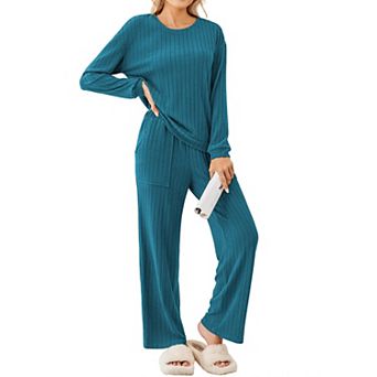 Ekouaer Lounge Sets Ribbed Knit Pajama Sets Two Piece Long Sleeve Pajamas Loungewear Outfits