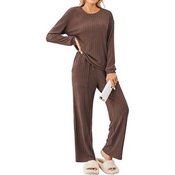 Ekouaer Lounge Sets Ribbed Knit Pajama Sets Two Piece Long Sleeve Pajamas Loungewear Outfits